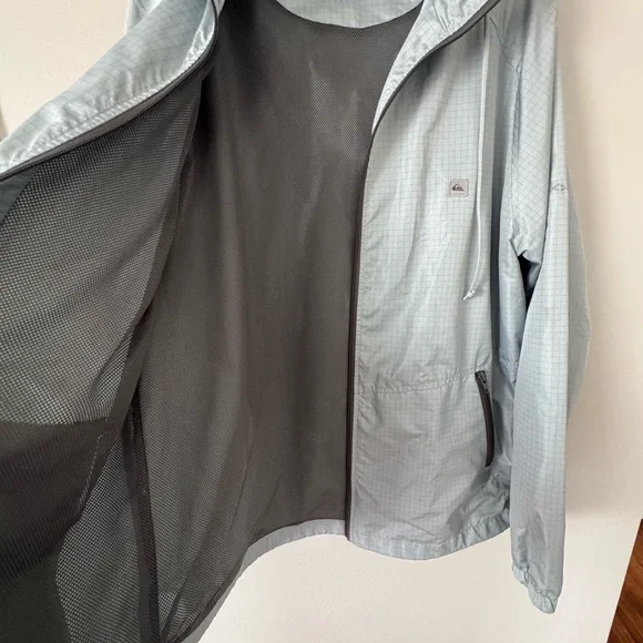 Quicksilver Jacket Windbreaker Womens Lg Hooded Full Zip Pocket Logo Silver - Picture 7 of 11